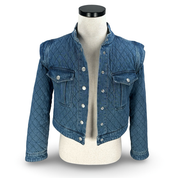 Veronica Beard Killian Quilted Denim Jacket Women Small Blue Pockets Snap Front - Picture 1 of 10